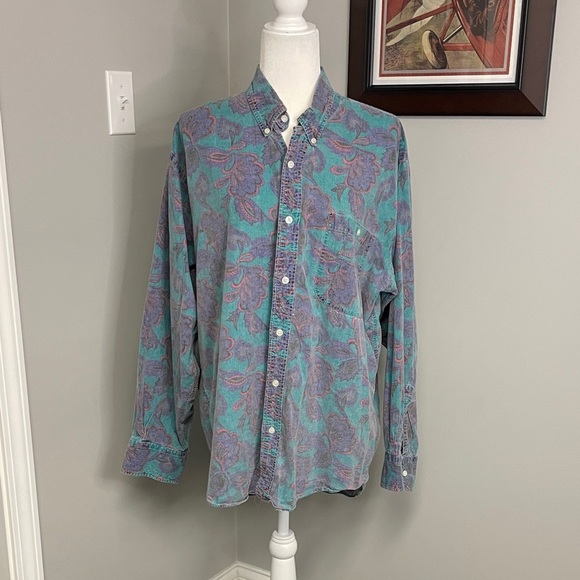 Ralph Lauren Shirt‎ Paisley Green Button-Front Size Large Rare! Floral 80s 90s - Picture 1 of 6